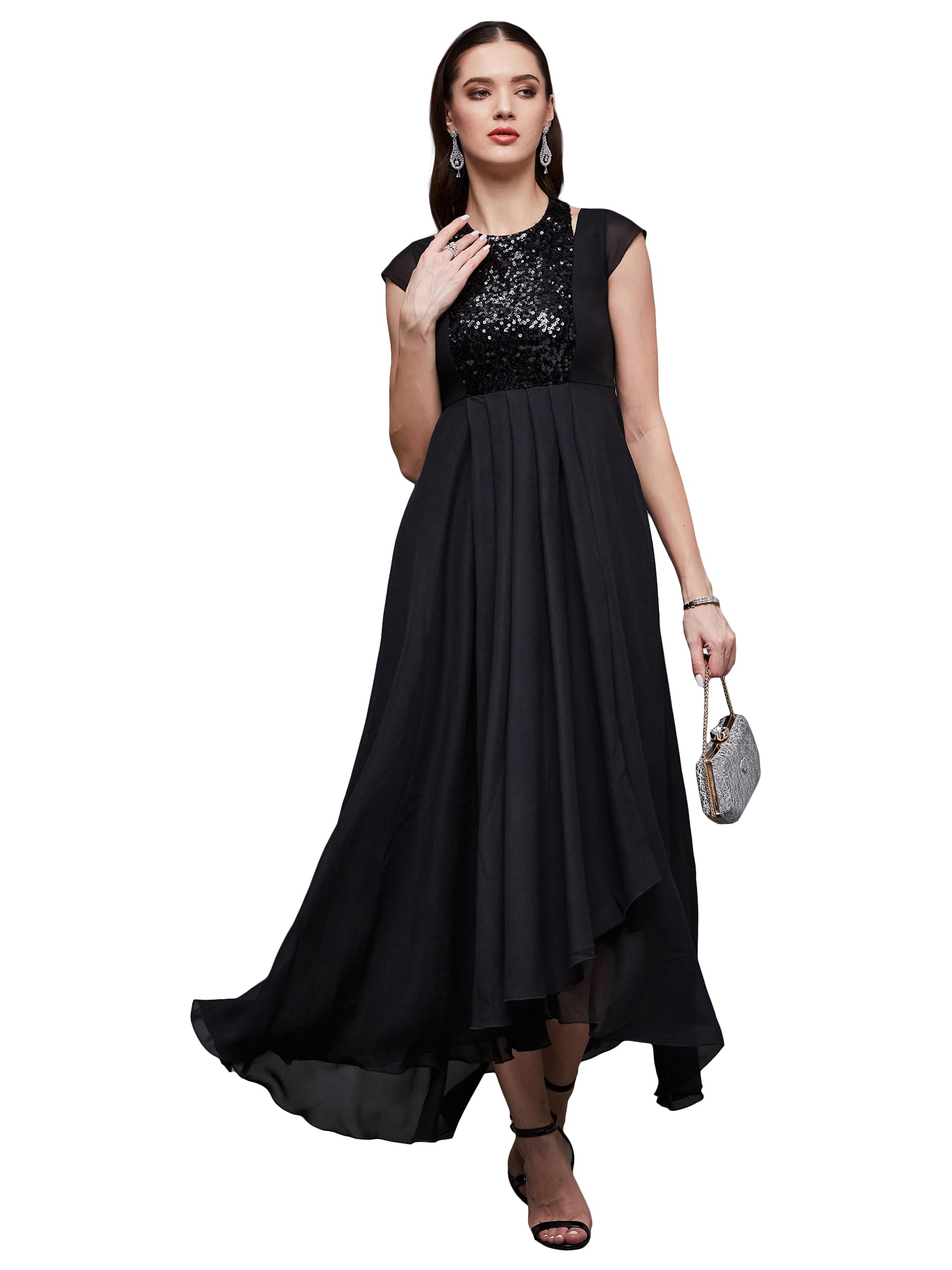 Miss Chase Womens Halter-Neck Cap-Sleeve Pleated Embellished Maxi Dress (MCSS25D93-19-380-05, Jet Black, L)