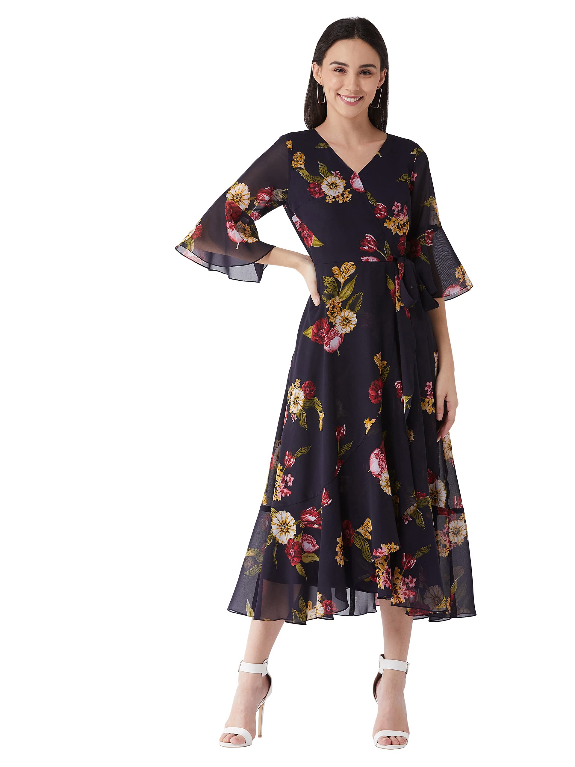 Miss Chase WomenS Multicolored- Base- Navy Blue V Neck 3/4Th Sleeve Floral Ruffled Maxi Dress (Mcaw21D06-13-224-06,Multicolored