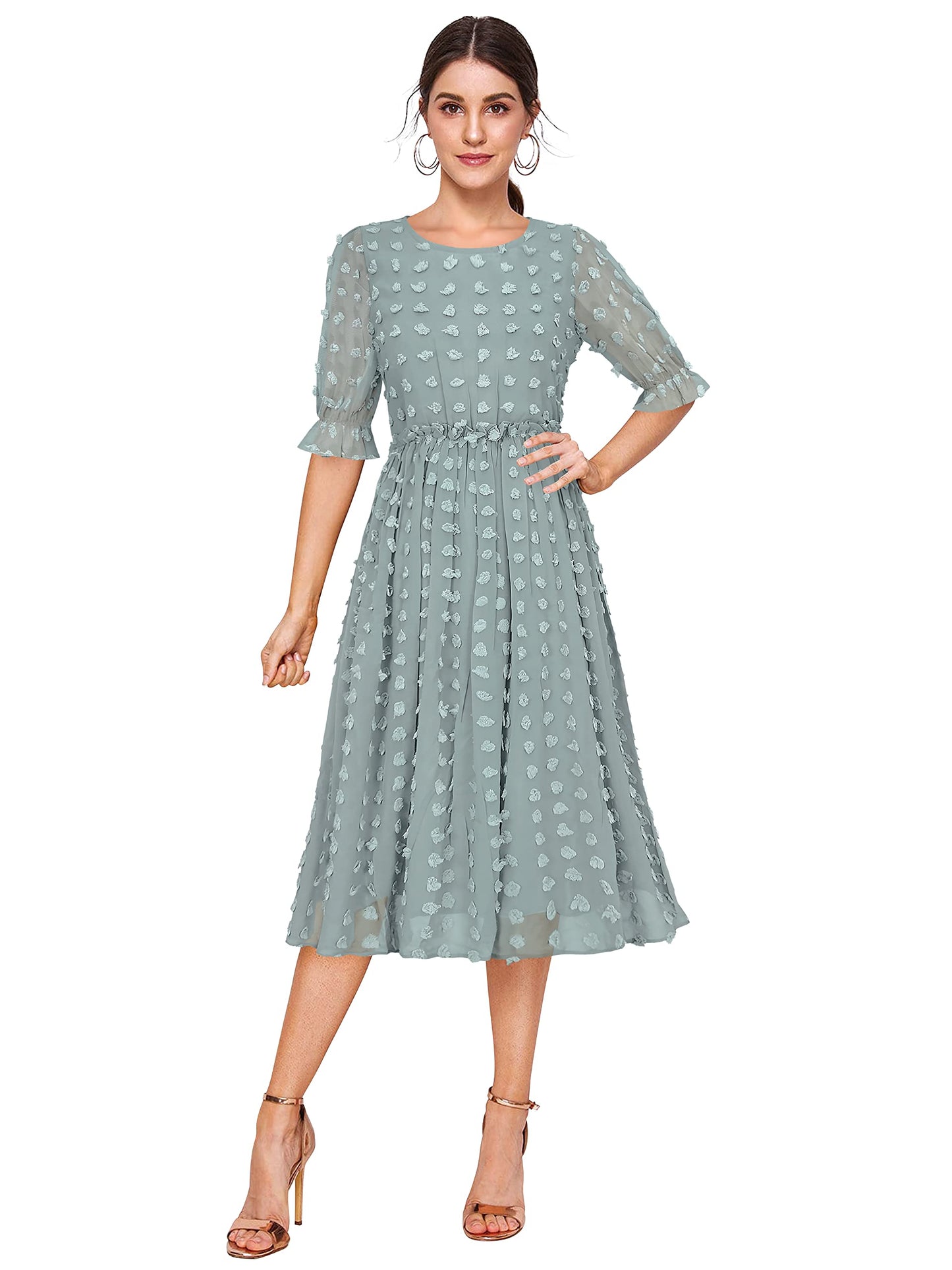 Toochki WomenS Sea Green Dobby Georgette Woven Fit & Flared Western Dress | Dress For Women | A Line Dress | Winter Dress | Wes