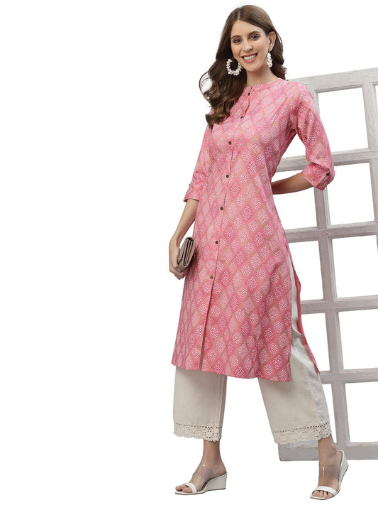 Stylum Women's Bandhani Printed Cotton Blend Straight Kurta (Pink)