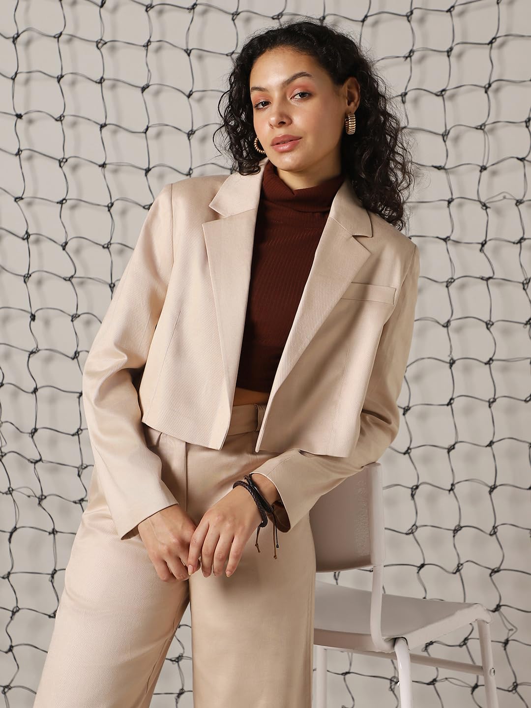 Hubberholme Women Solid Crop Length Oversized Notch Lapel Collar Full Sleeve Blazer Beige
