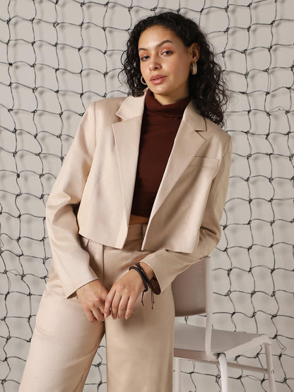 Hubberholme Women Solid Crop Length Oversized Notch Lapel Collar Full Sleeve Blazer Beige