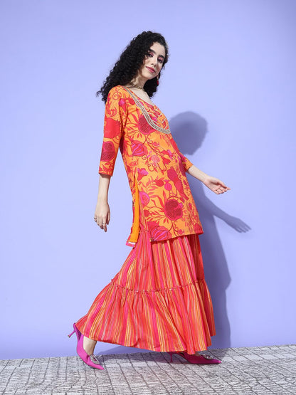 VARANGA Women Yellow Abstract Printed Straight Kurta Paired With Sharara And Dupatta