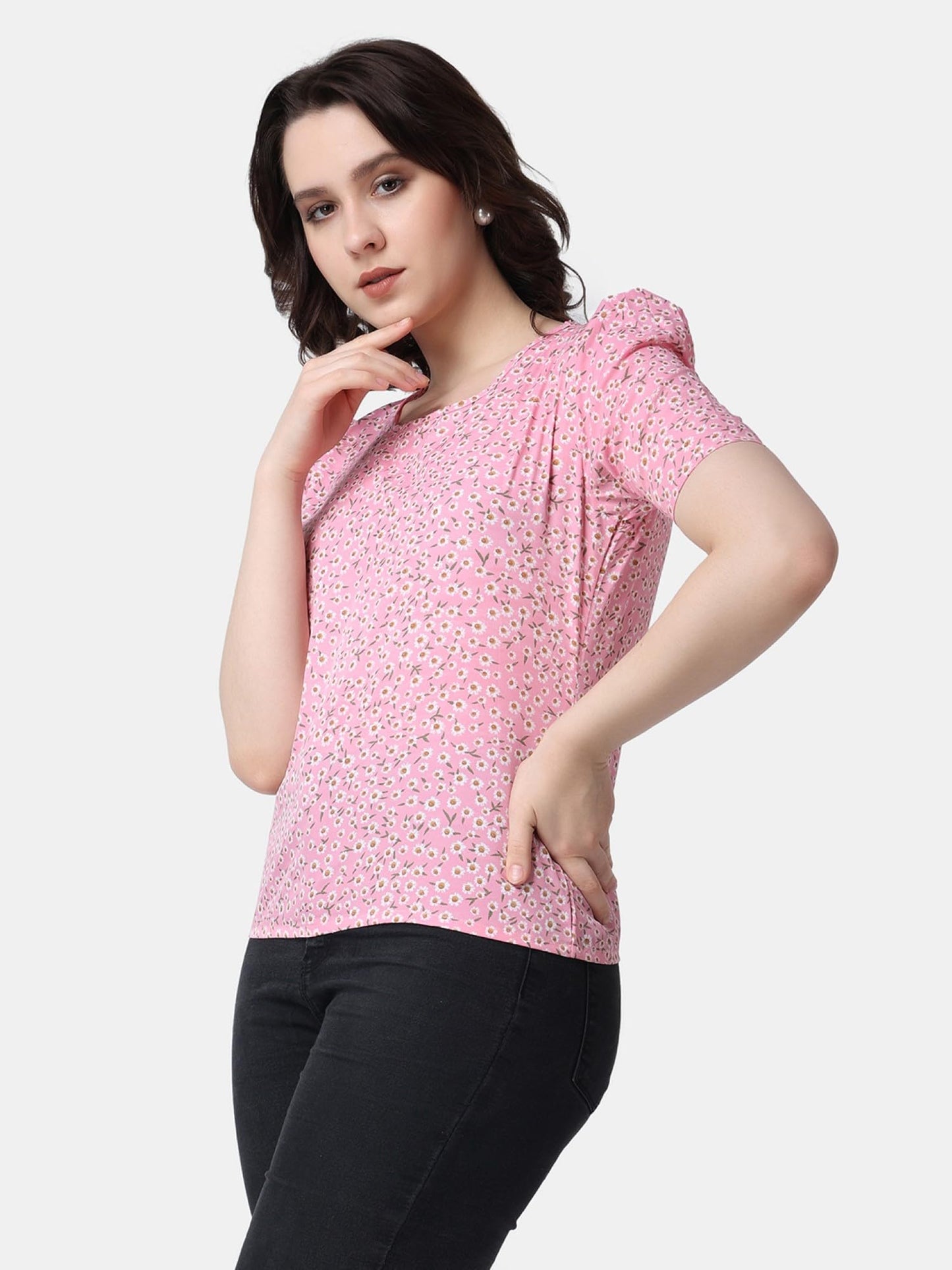 POPWINGS Casual Printed Puff Sleeves Round Neck Top for Women || Stylish Latest Summer Tops for Women || Hip-Length Women Top Li