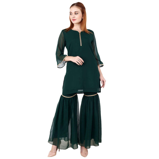 Popwings Casual V-Neck Dark Green Georget Garara Set For Women