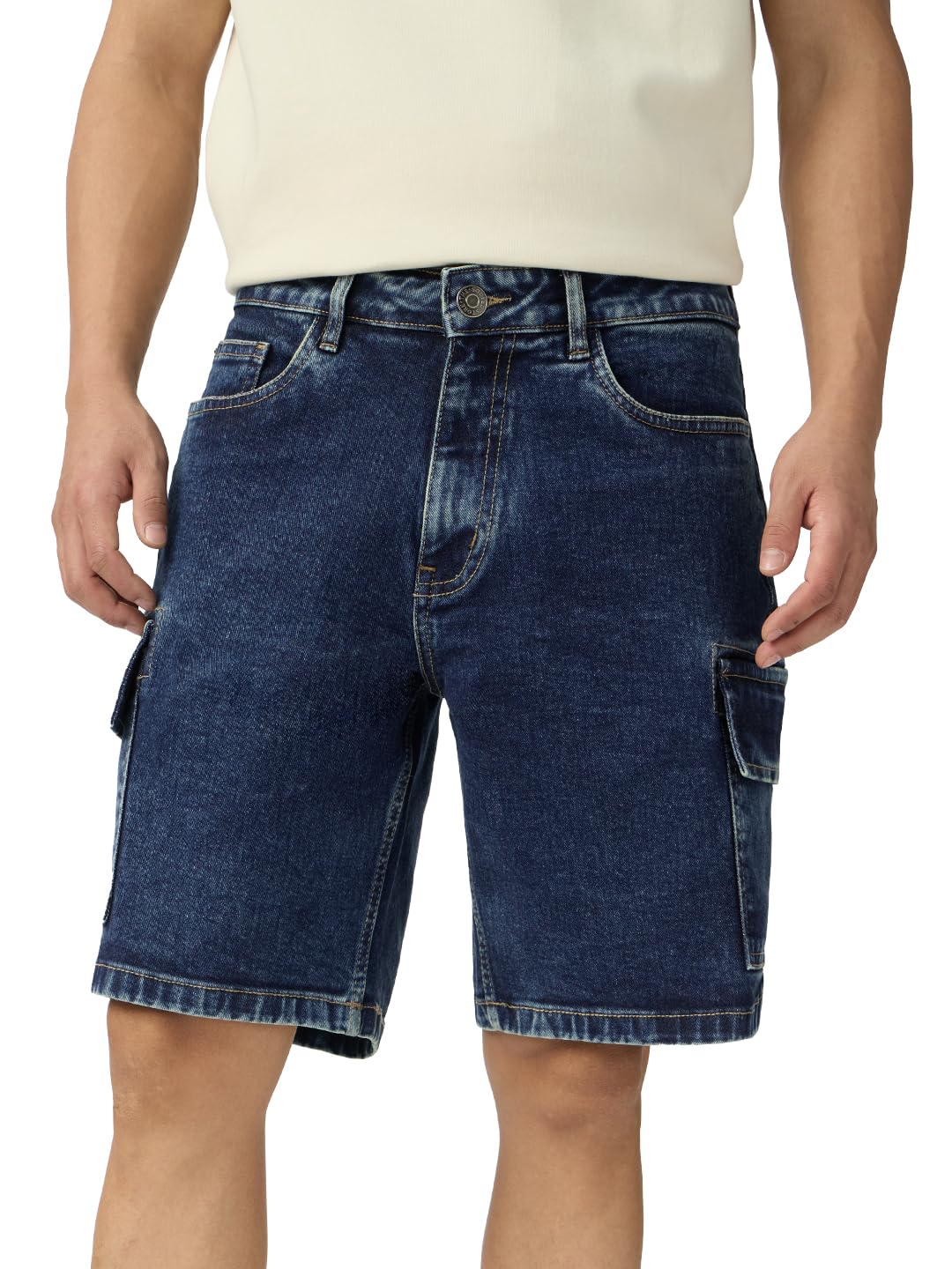The Souled Store Denim: Ocean Blue Men and Boys Buttoned Solid Knee Length Cotton Blend Denim Shorts