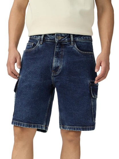 The Souled Store Denim: Ocean Blue Men and Boys Buttoned Solid Knee Length Cotton Blend Denim Shorts