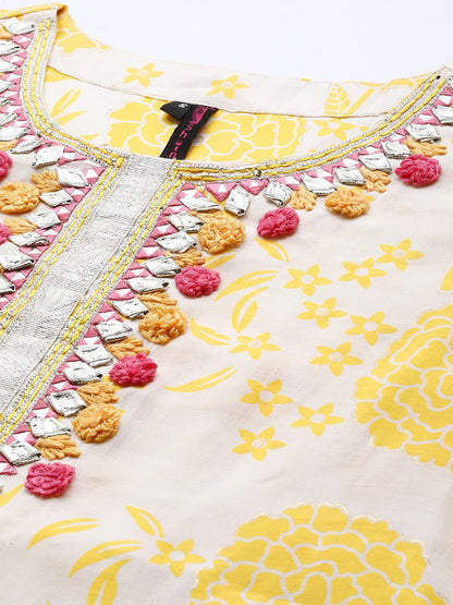 ishin Women's Yellow Yoke Design A-Line Kurta set With Trouser and Dupatta
