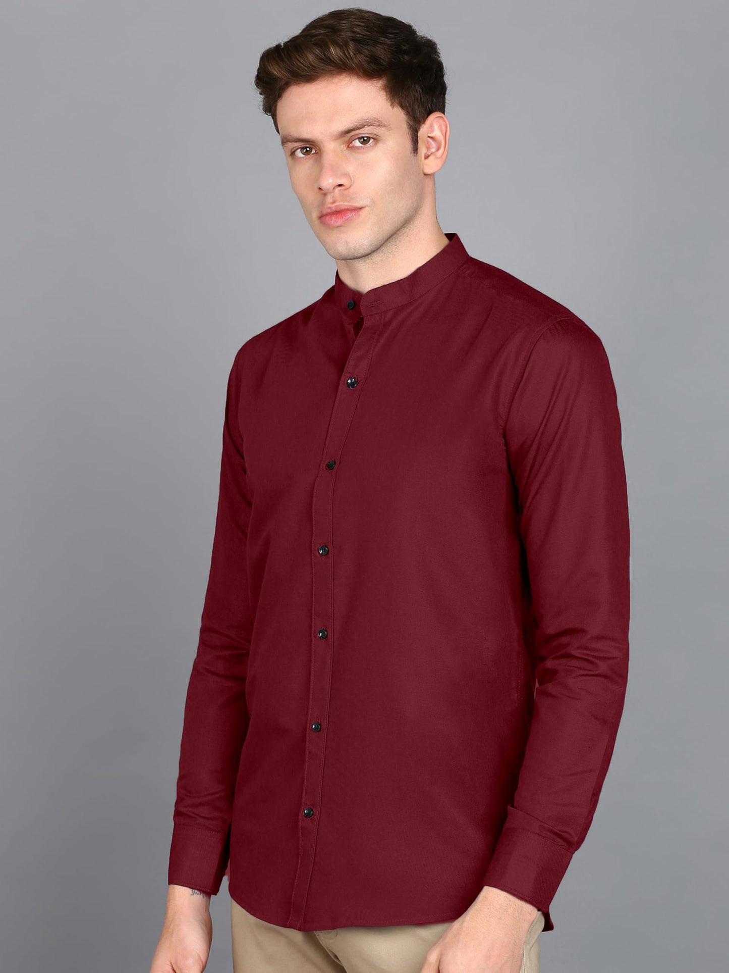 Mildin MenS Regular Cotton Blend Red Slim Fit Solid Button Down Mandarin Chinese Collar Full Sleeve Curved Hemline Casual Shirt