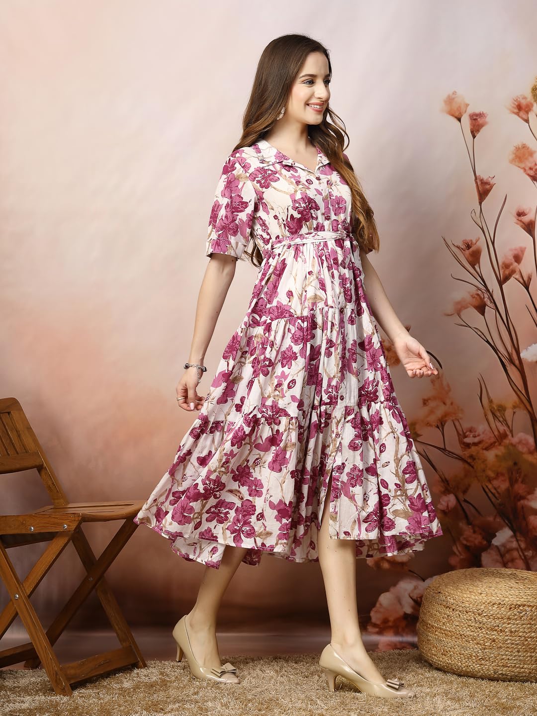 Stylum Womens Magenta Floral Printed Cotton Flared Dress
