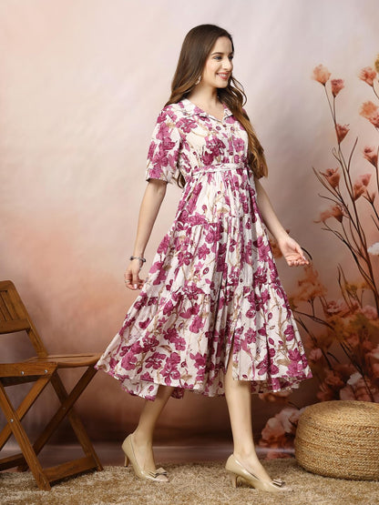 Stylum Womens Magenta Floral Printed Cotton Flared Dress