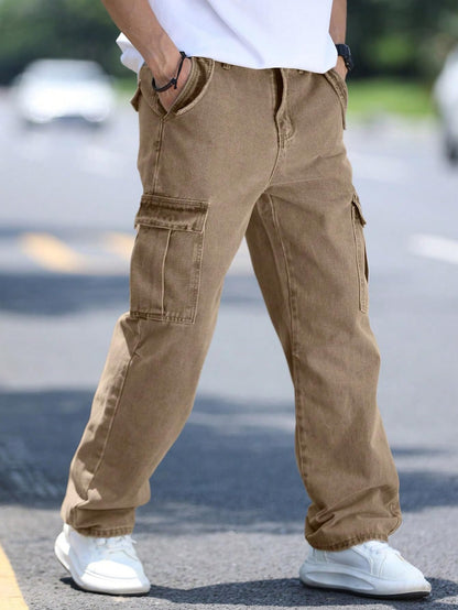 AVANOVA Mens Khaki Cargo Jeans Slim Fit | Stylish Stretch Denim Trousers with Multi Pockets | Casual Wear Pants for Men | Comfor