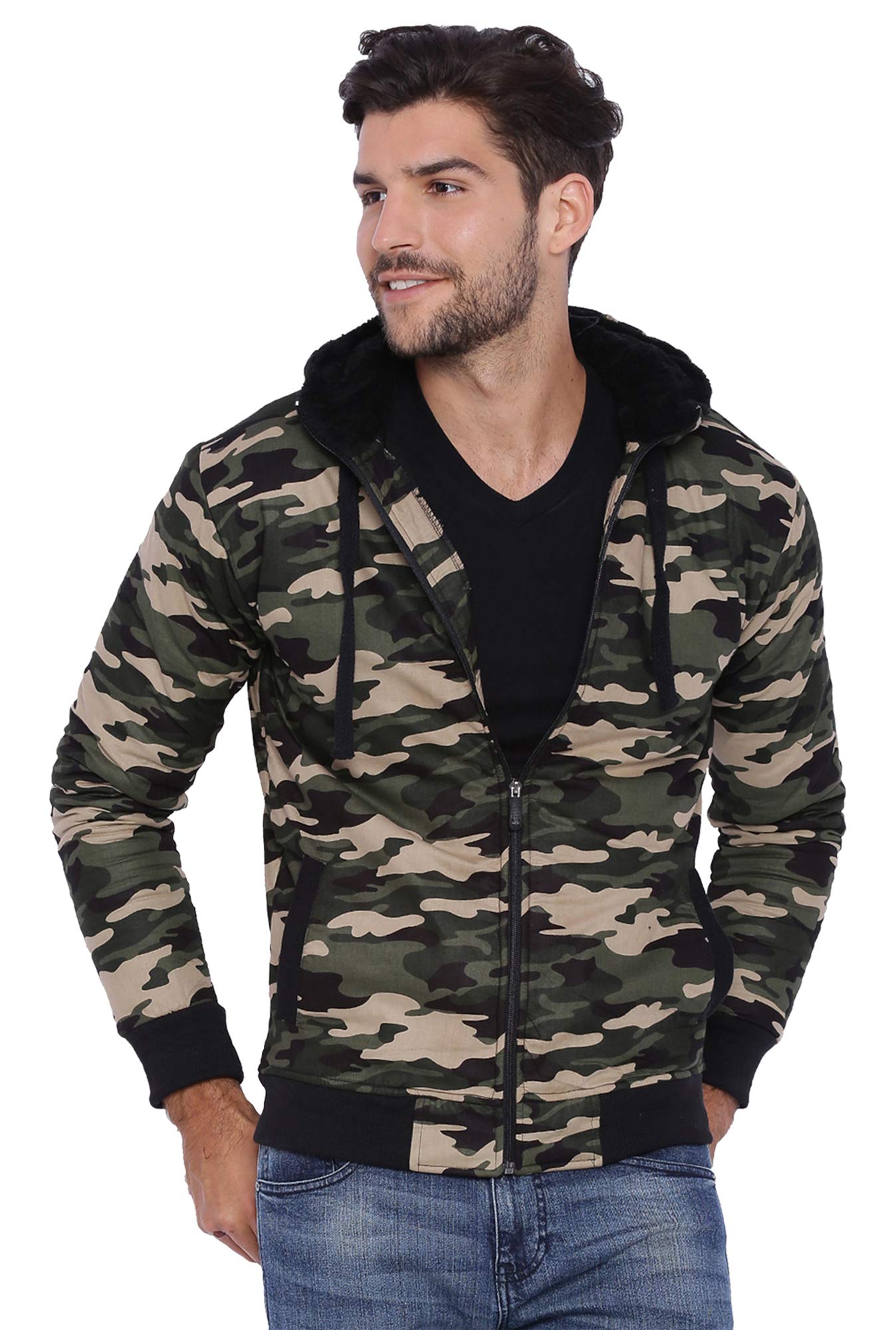 Campus Sutra Mens Forest Green Camouflage Hoodie with Insert Pocket for Casual Wear | Hooded Neck | Long Sleeve | Zipper Closur