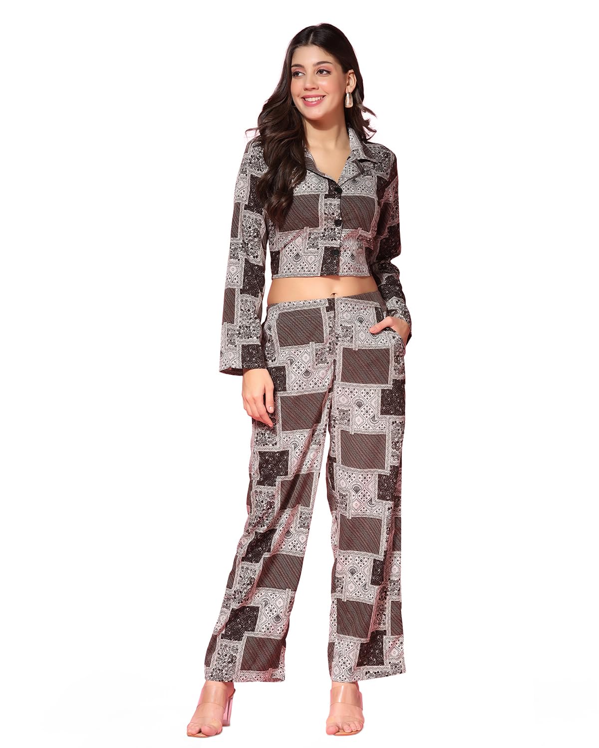 Tagdo Women'S Co-Ords Printed Dress Set (Shirt-Pair-5149-Coffee-Xxl)