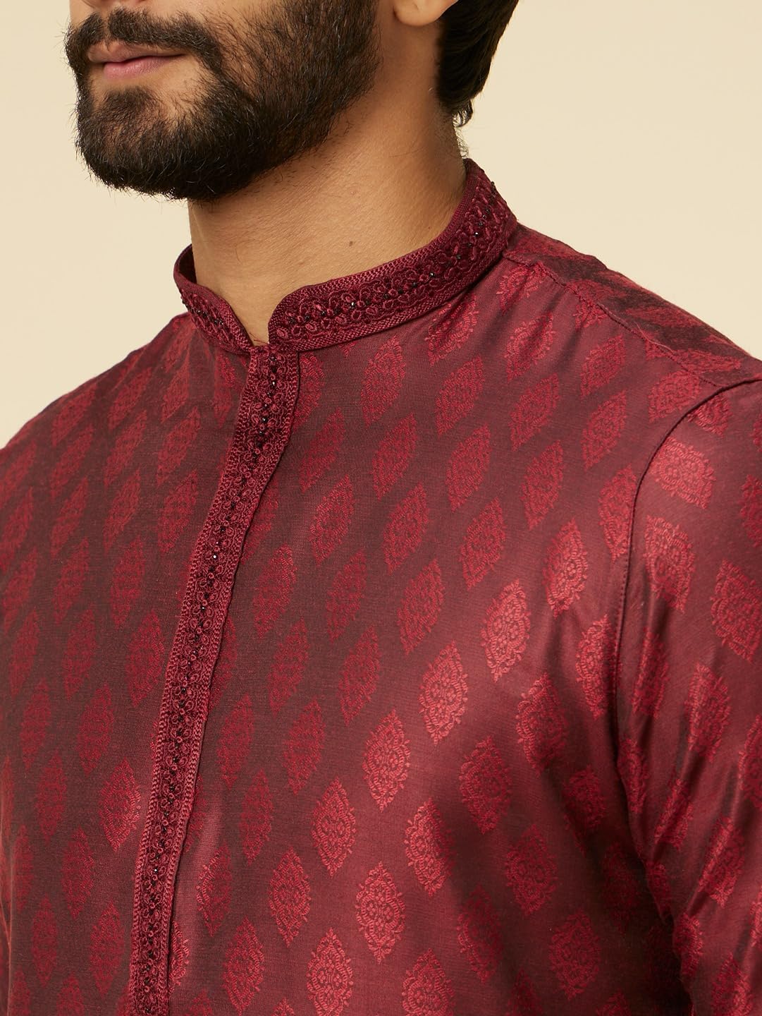 Manyavar Maroon Art Silk Embroidery | Self Texture Kurta Pyjama Set