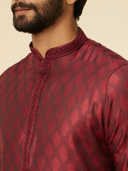 Manyavar Maroon Art Silk Embroidery | Self Texture Kurta Pyjama Set