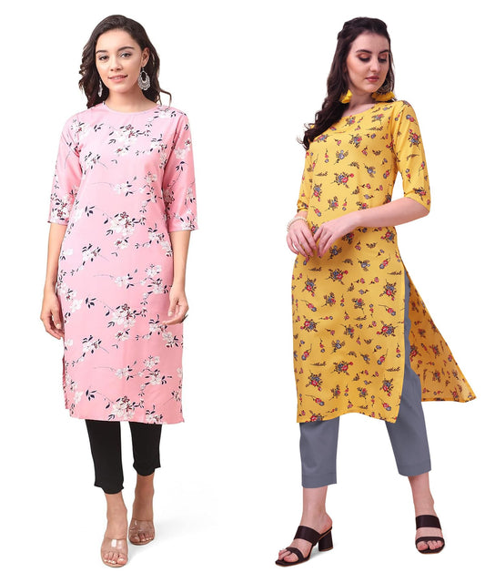 LookMark Women's Crepe Pink & Light Green Color 3/4 Sleeve Straight Printed Kurta | Kurti Combo Pack of 2 (AZ-K1037-K1052-M)