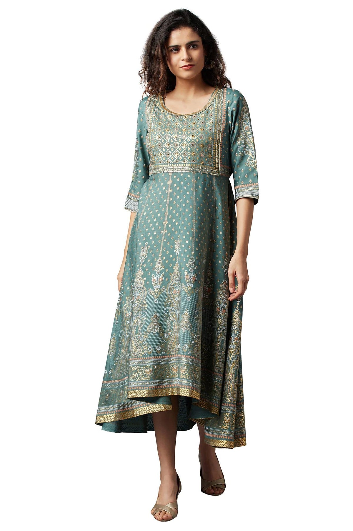 Aurelia Green Foil Pattern Anarkali Kurta With Handwork