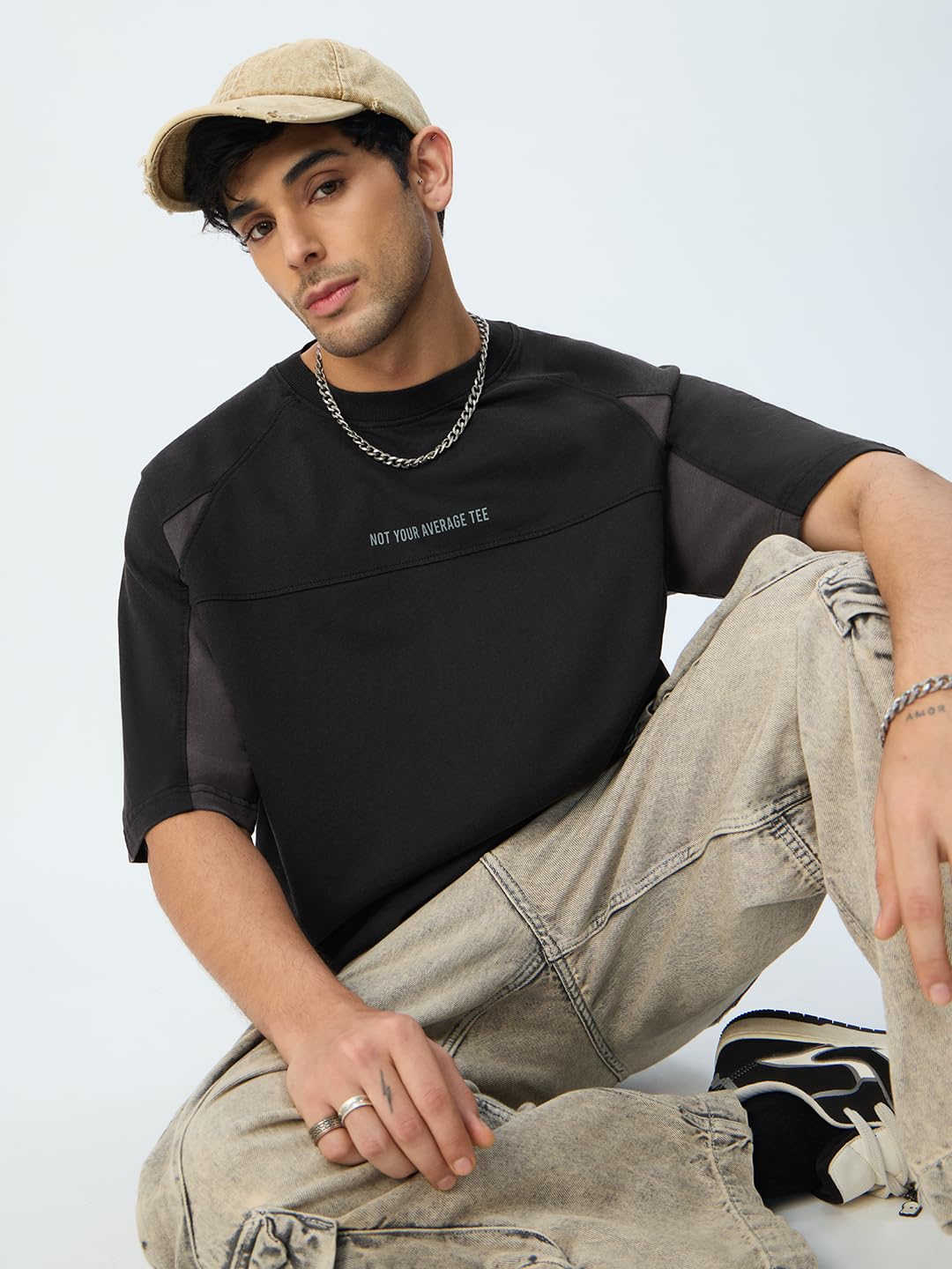 The Souled Store Colourblock: Not Your Average Tee Men and Boys Short Sleeves Round Neck Black Colour-Block Cotton Comfortable L