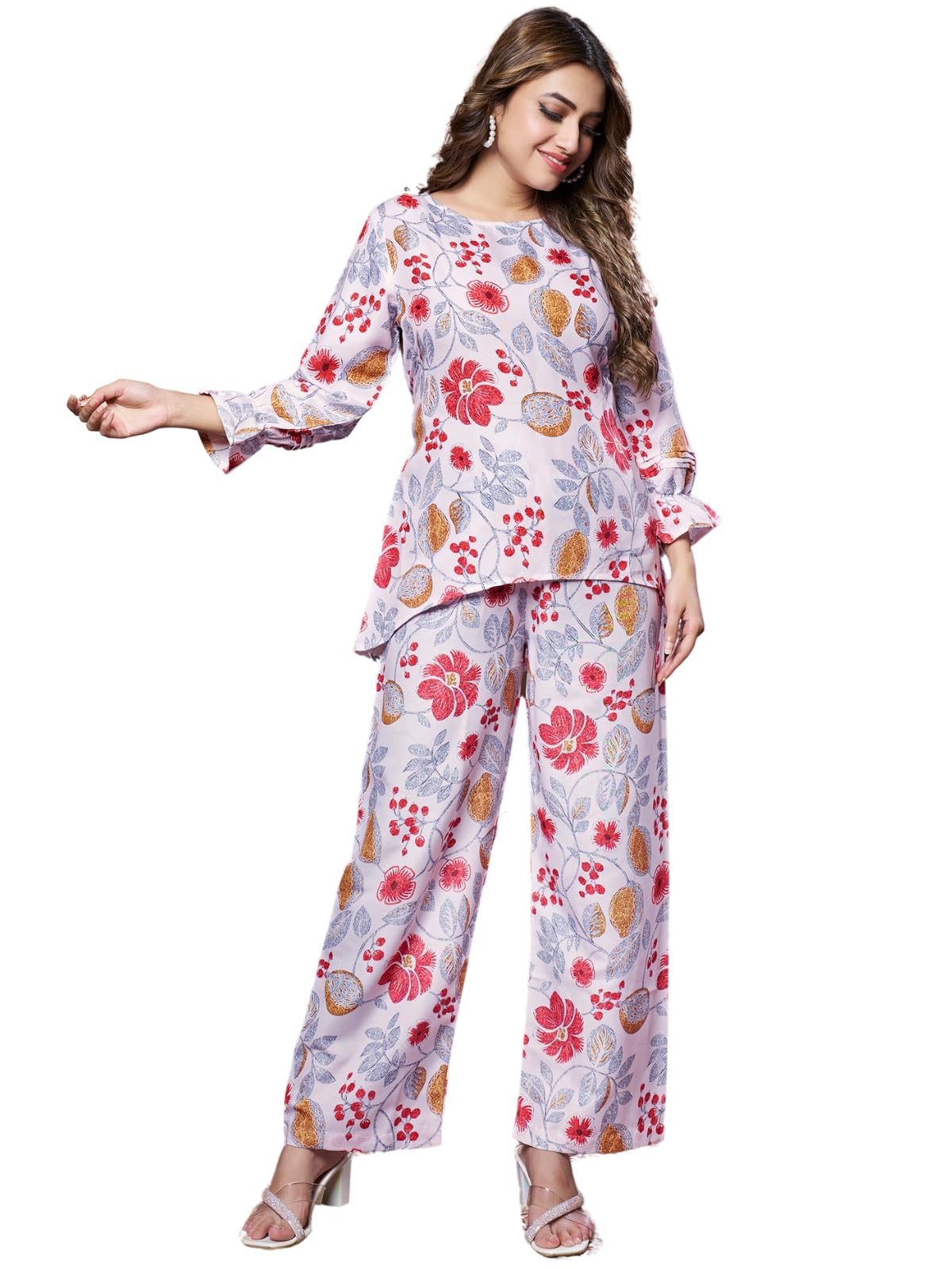 Leriya Fashion Women Ethnic Kurta Set | Rayon Co-Ord Set | Fancy Pajama Set | Pack of 2 | Floral Printed Top & Pant Set | Full Pair Set | A-line Kurta Set for Women |