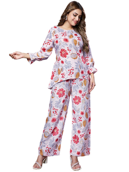 Leriya Fashion Women Ethnic Kurta Set | Rayon Co-Ord Set | Fancy Pajama Set | Pack of 2 | Floral Printed Top & Pant Set | Full Pair Set | A-line Kurta Set for Women |