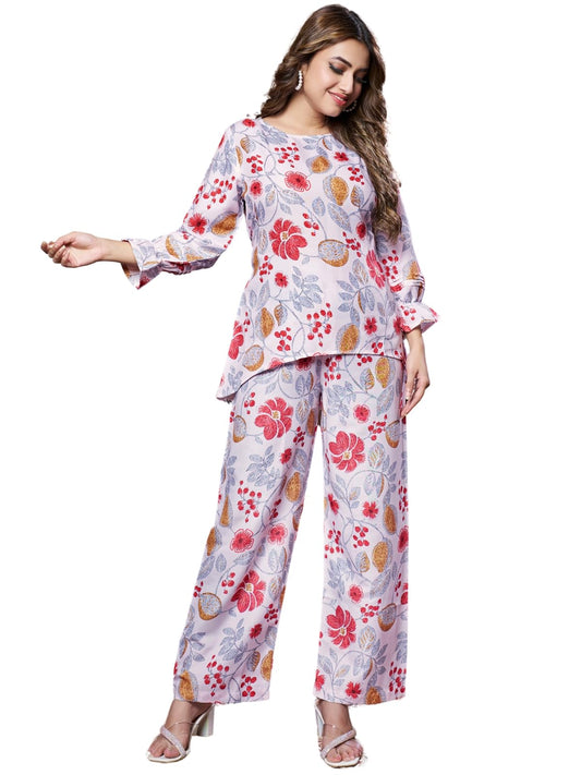 Leriya Fashion Women Ethnic Kurta Set | Rayon Co-Ord Set | Fancy Pajama Set | Pack of 2 | Floral Printed Top & Pant Set | Full Pair Set | A-line Kurta Set for Women |