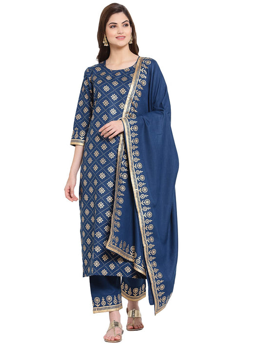 Gosriki WomenS Cotton Blend Kurta With Palazzo & Dupatta (Kpzd-Cot-10001-Dark Blue_Xxl-Go_Dark Blue_Xx-Large)