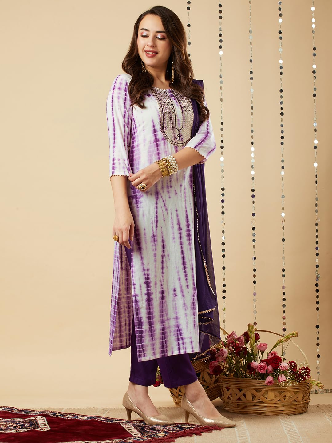 ANNI DESIGNER Women s Rayon Viscose Print Straight Kurta with Pants & Dupatta, purple, 44