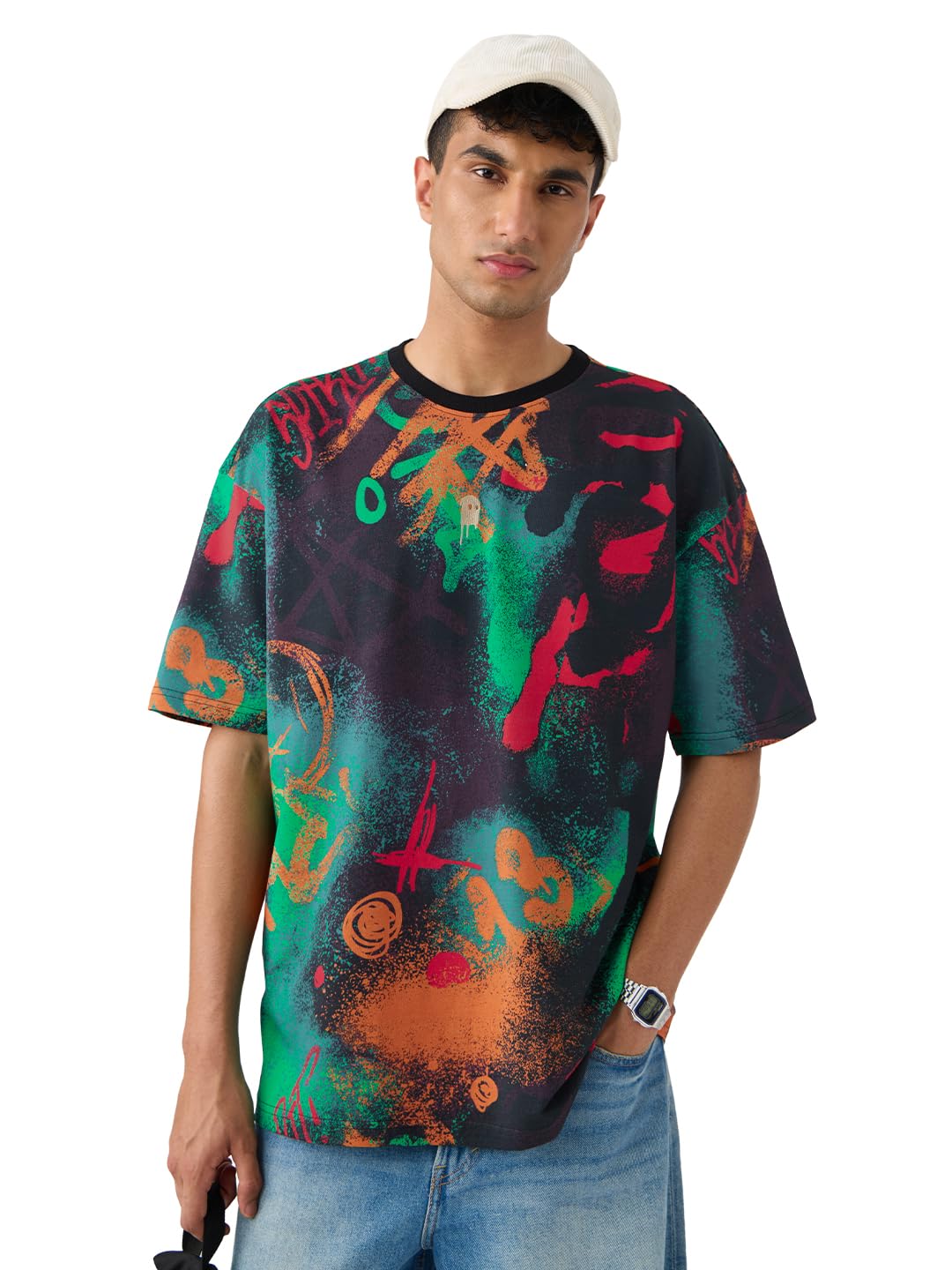 The Souled Store Street Graffiti Men and Boys Short Sleeves Round Neck Multicolour Printed Cotton Oversized T-Shirts