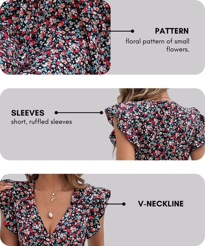GRECIILOOKS Western Dress for Women| Floral Print Wrap V Neck Dress| Ruffle Sleeve Western Dress| Mini Summer Short Dress| Dress