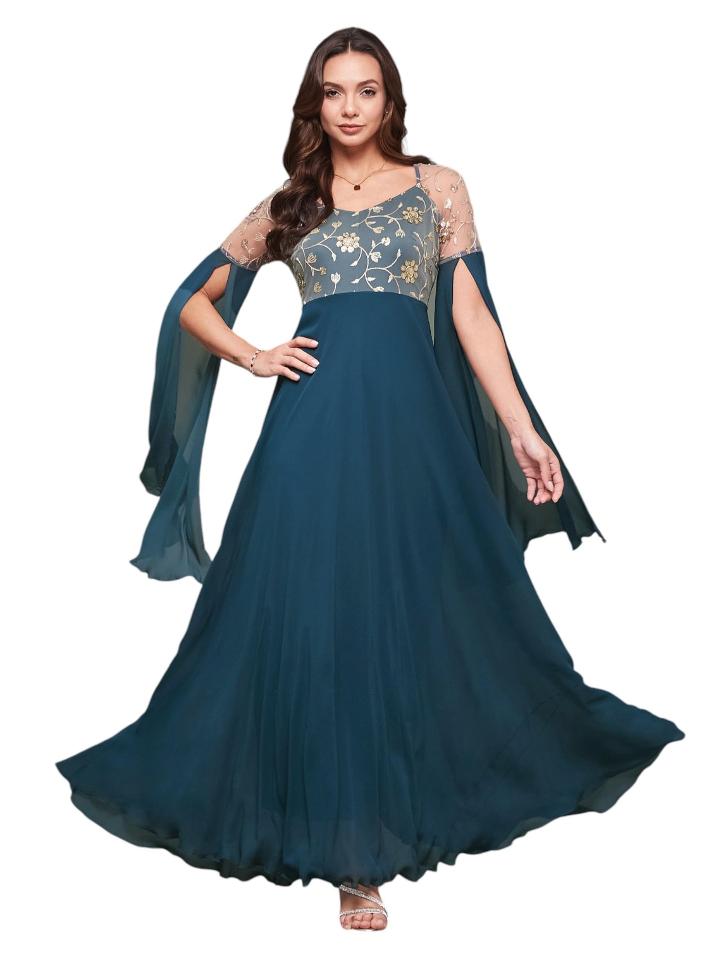 Miss Chase Womens V Neck Full Sleeve Embroidered Fit & Flare Maxi Dress (MCSS22D13-60-83-06, Teal, XL)