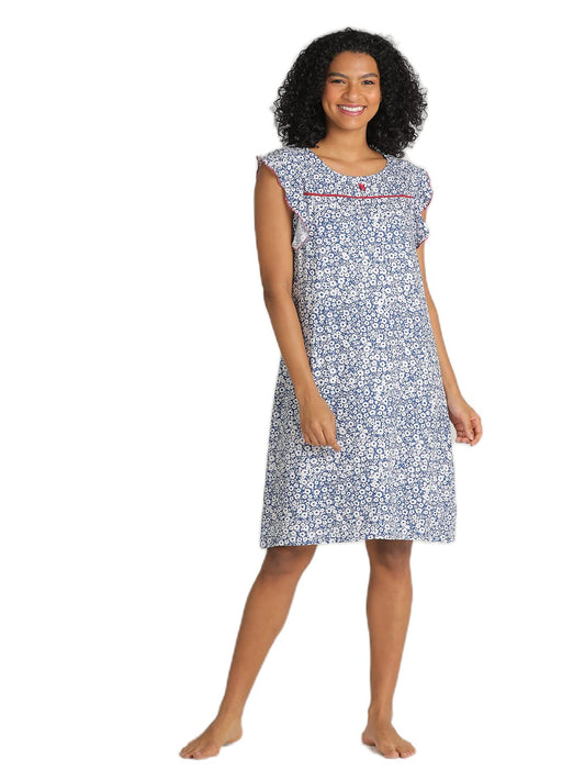 Evolove WomenS Viscose Liva Knee Length Short Night Gown Nighty Dress With Pocket, Super Soft Comfortable (Blue & White, Sngry3