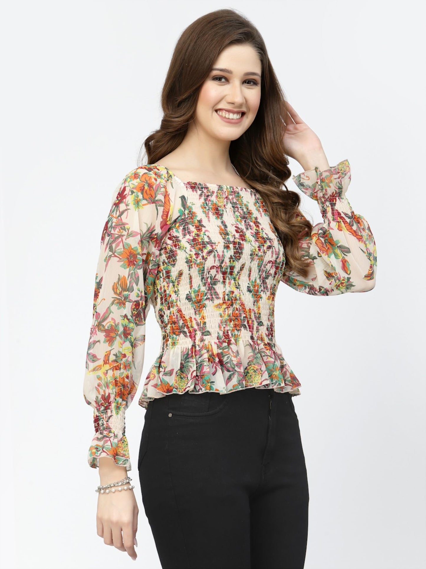 POPWINGS Casual Floral Print Chiffon Tops for Women || Full Sleeves Summer Tops for Women || Square Neck Smocking Pattern Tops f