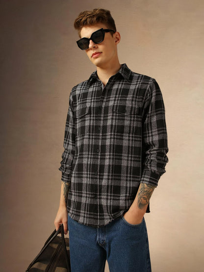 Dennis Lingo Men Grey Checks Cotton Regular Fit Full Sleeve Shirts.