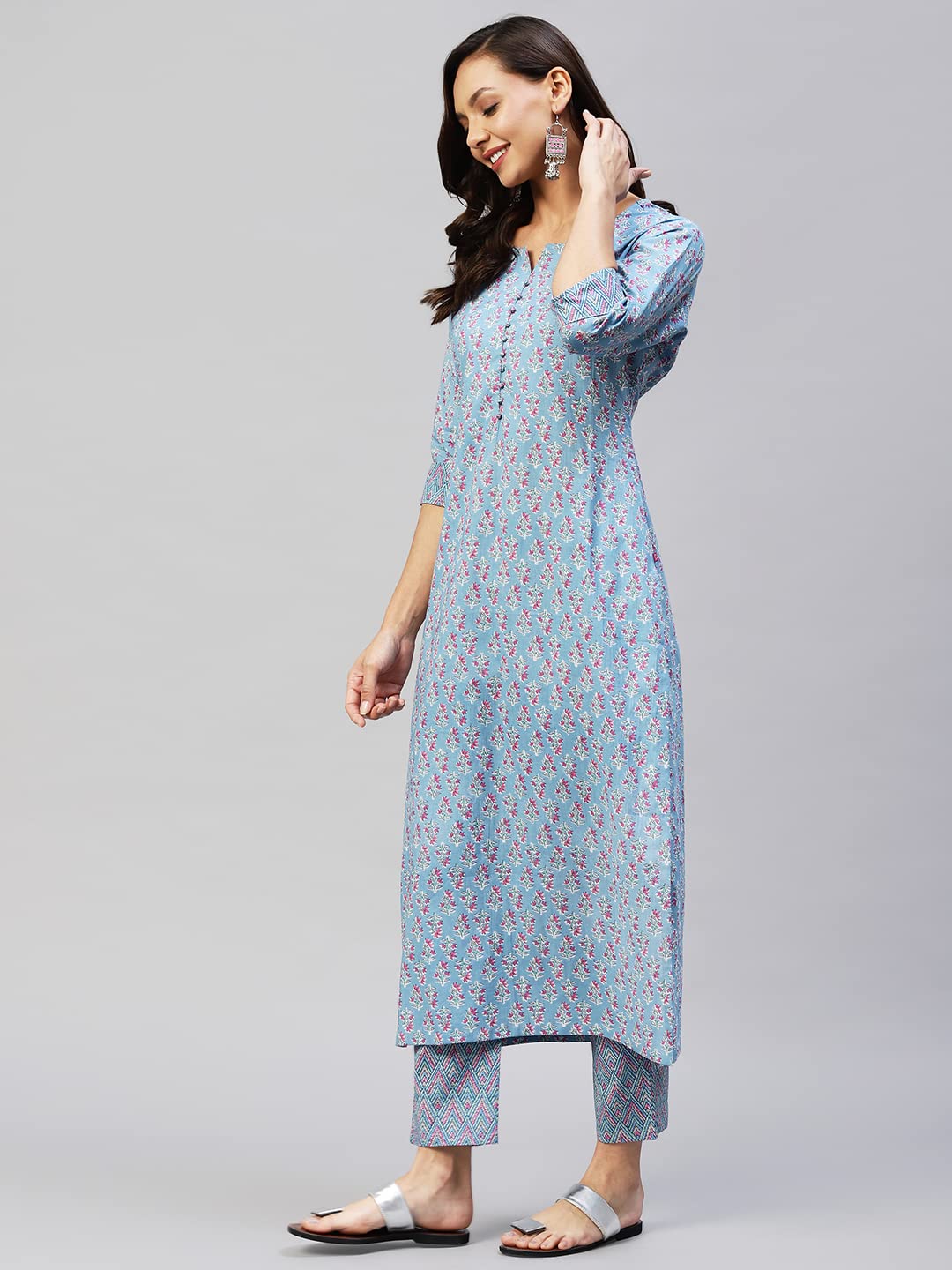 Gosriki WomenS Cotton Blend Straight Printed Kurta With Palazzo (Padwil Blue_3Xl-Go_ Blue_Xxx-Large)