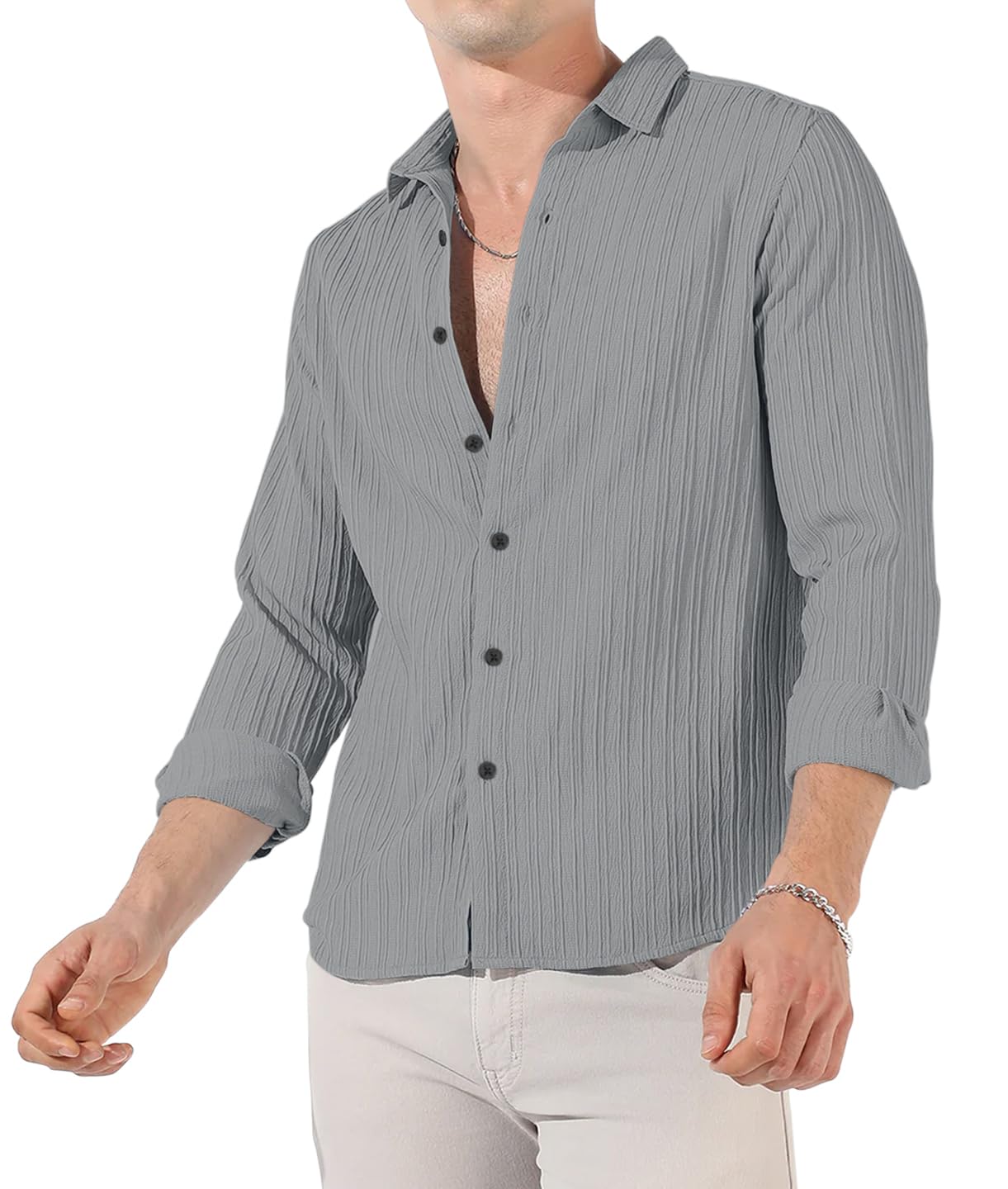 Finivo Fashion MenS Cotton Casual Striped Button Down Shirts Long Sleeve Textured Summer Beach Shirt For Men Grey
