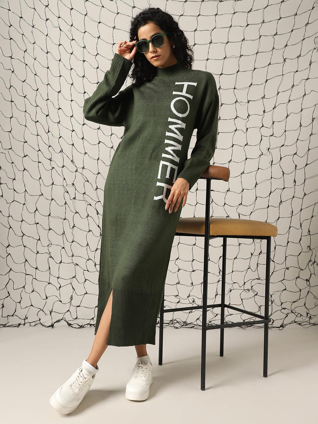 Hubberholme Women Acrylic Knitted Loose Fit High Neck Full Sleeves Bodycon Dresses Olive