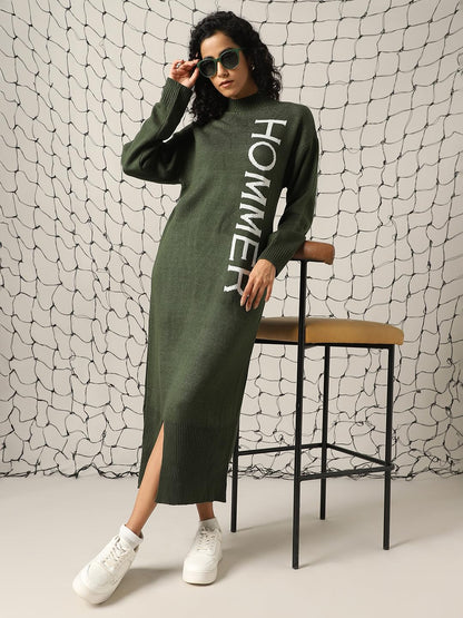 Hubberholme Women Acrylic Knitted Loose Fit High Neck Full Sleeves Bodycon Dresses Olive