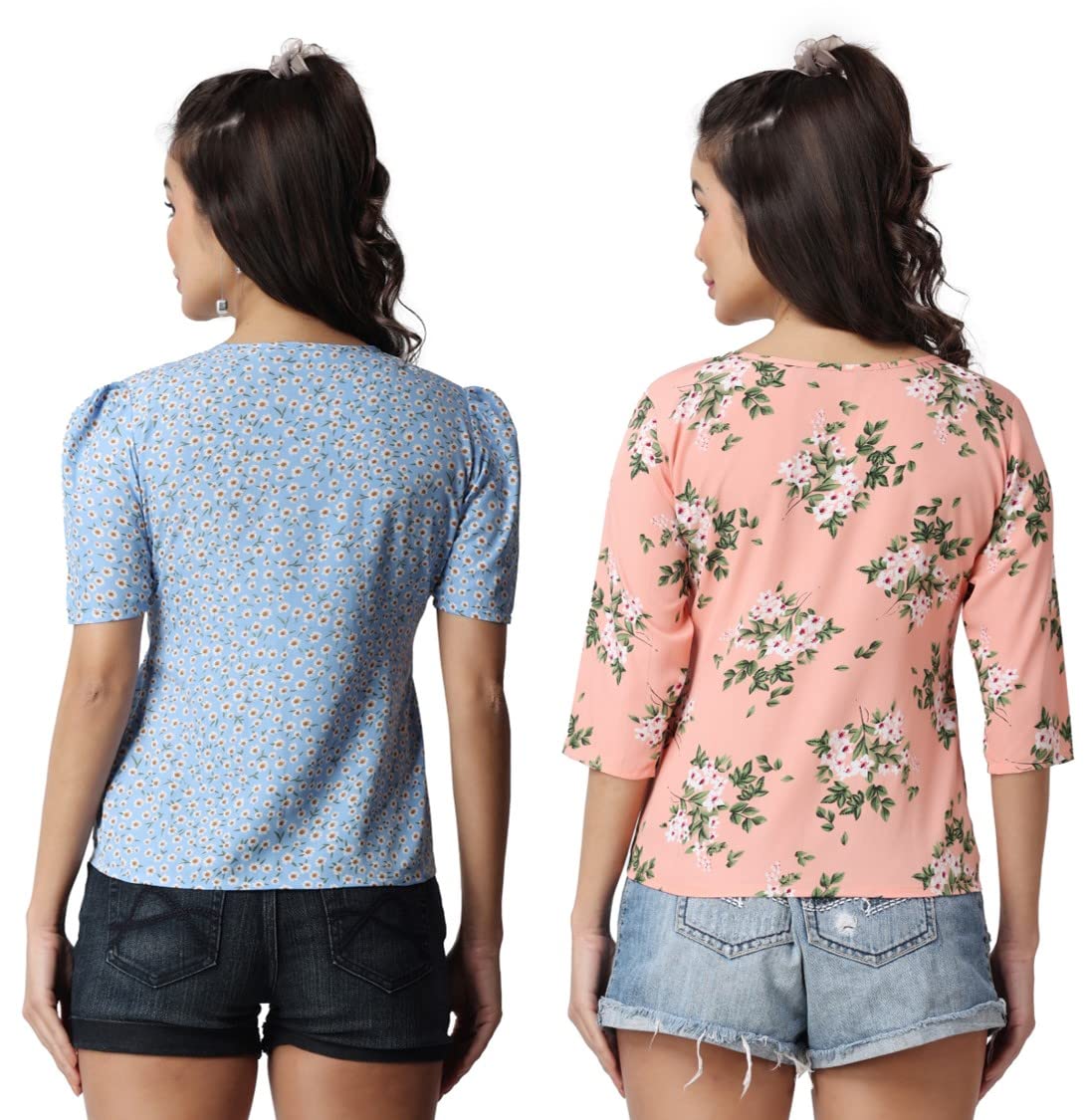 POPWINGS Casual Floral Printed Round-Neck Puff-Sleeves Tops Combo for Women