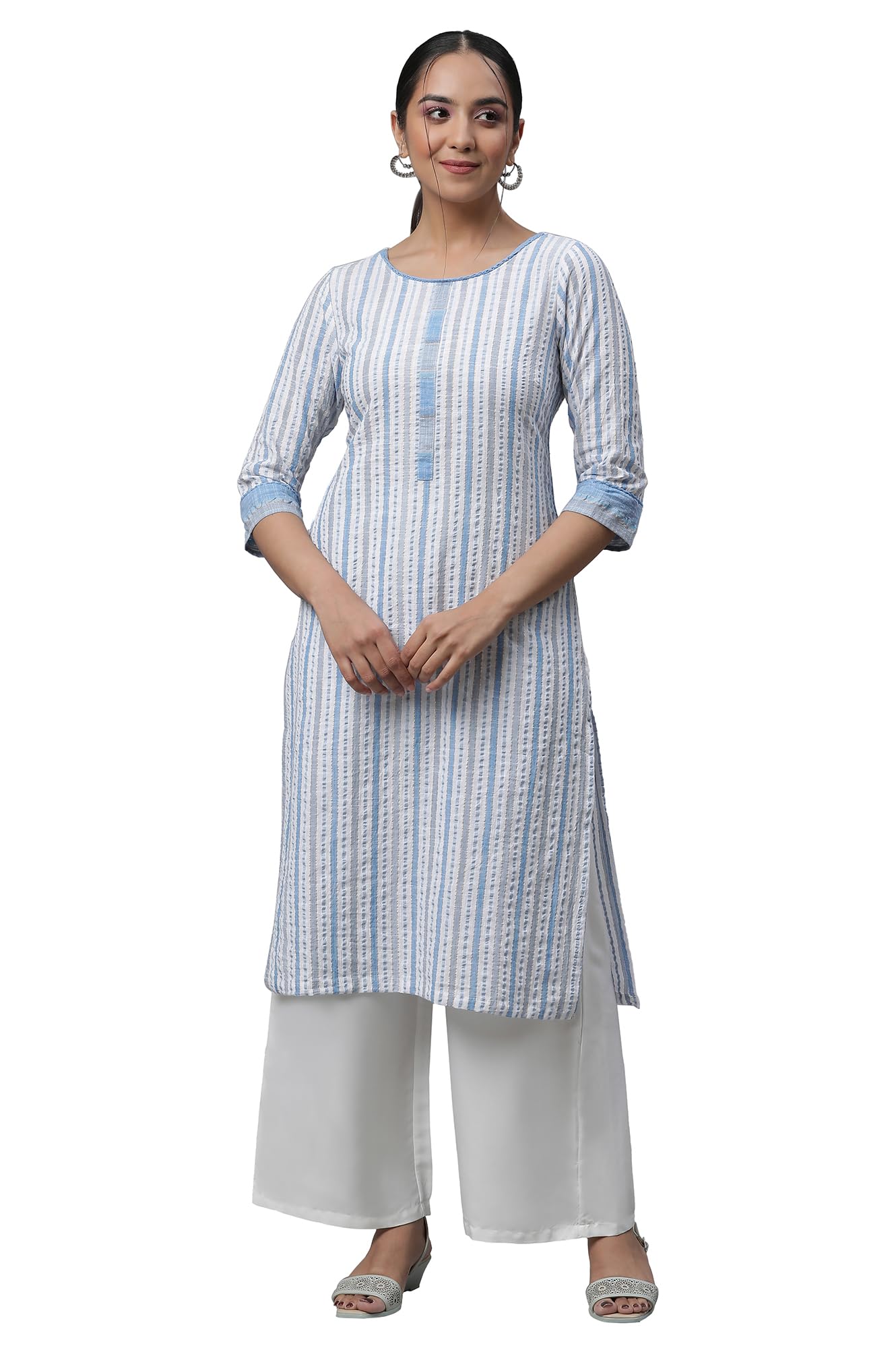 Aurelia Women's Muted Marmalade Stripes Yarn Dyed Seer Sucker Slub Stripe Straight Kurta_23AUA14475-704181_M