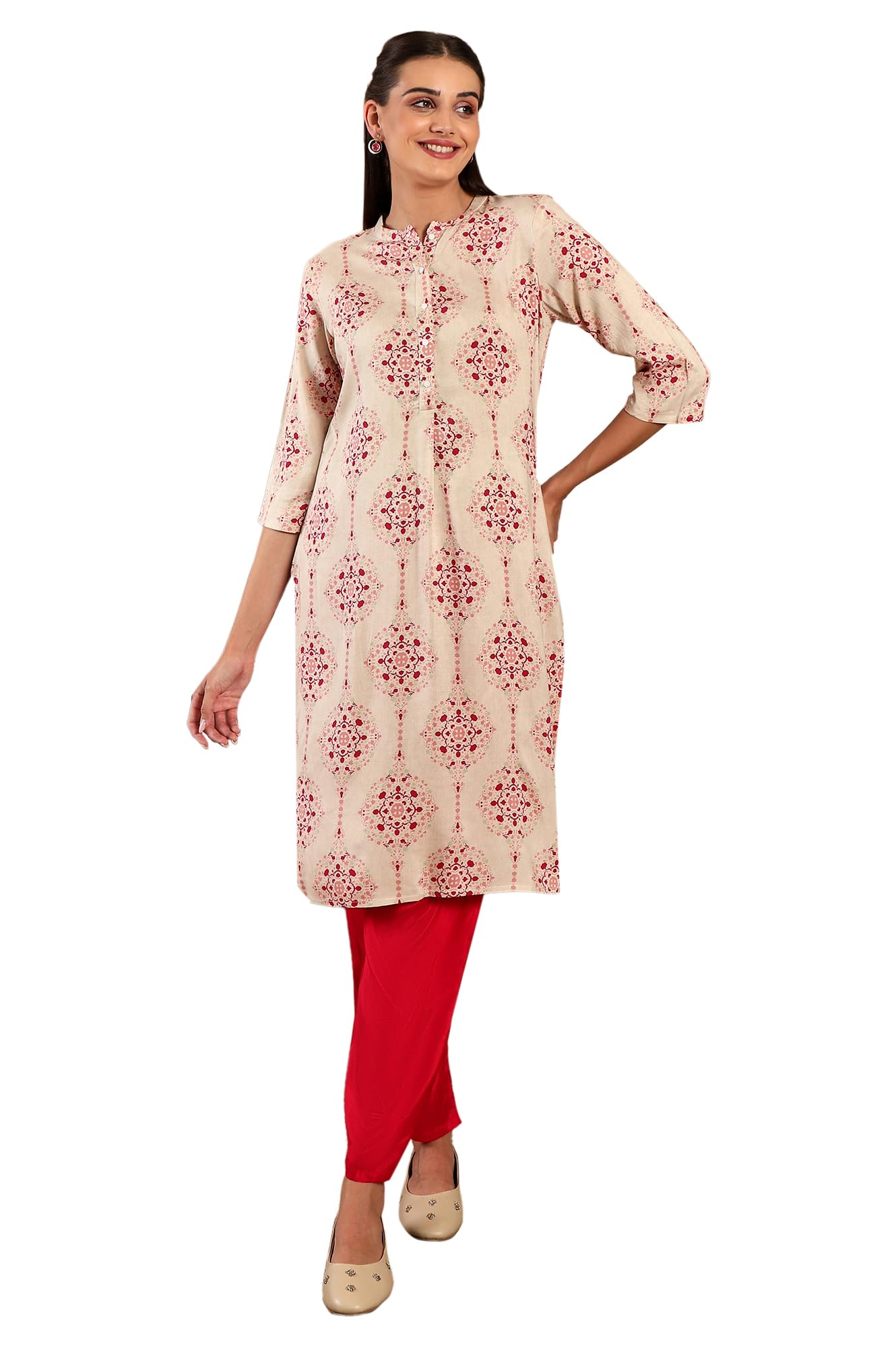 W Beige Floral Printed Regular Kurta for Women