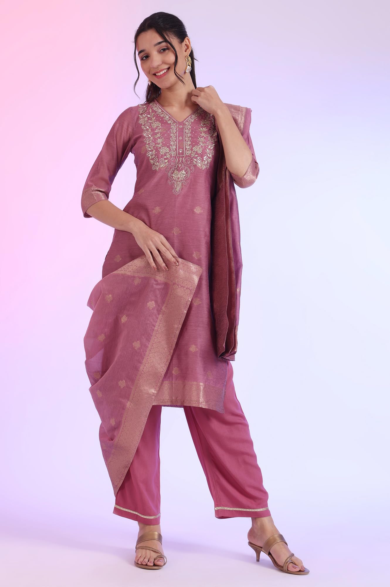 Aurelia Women's Purple Yarn Dyed Straight Kurta with Palazzos & Dupatta Set