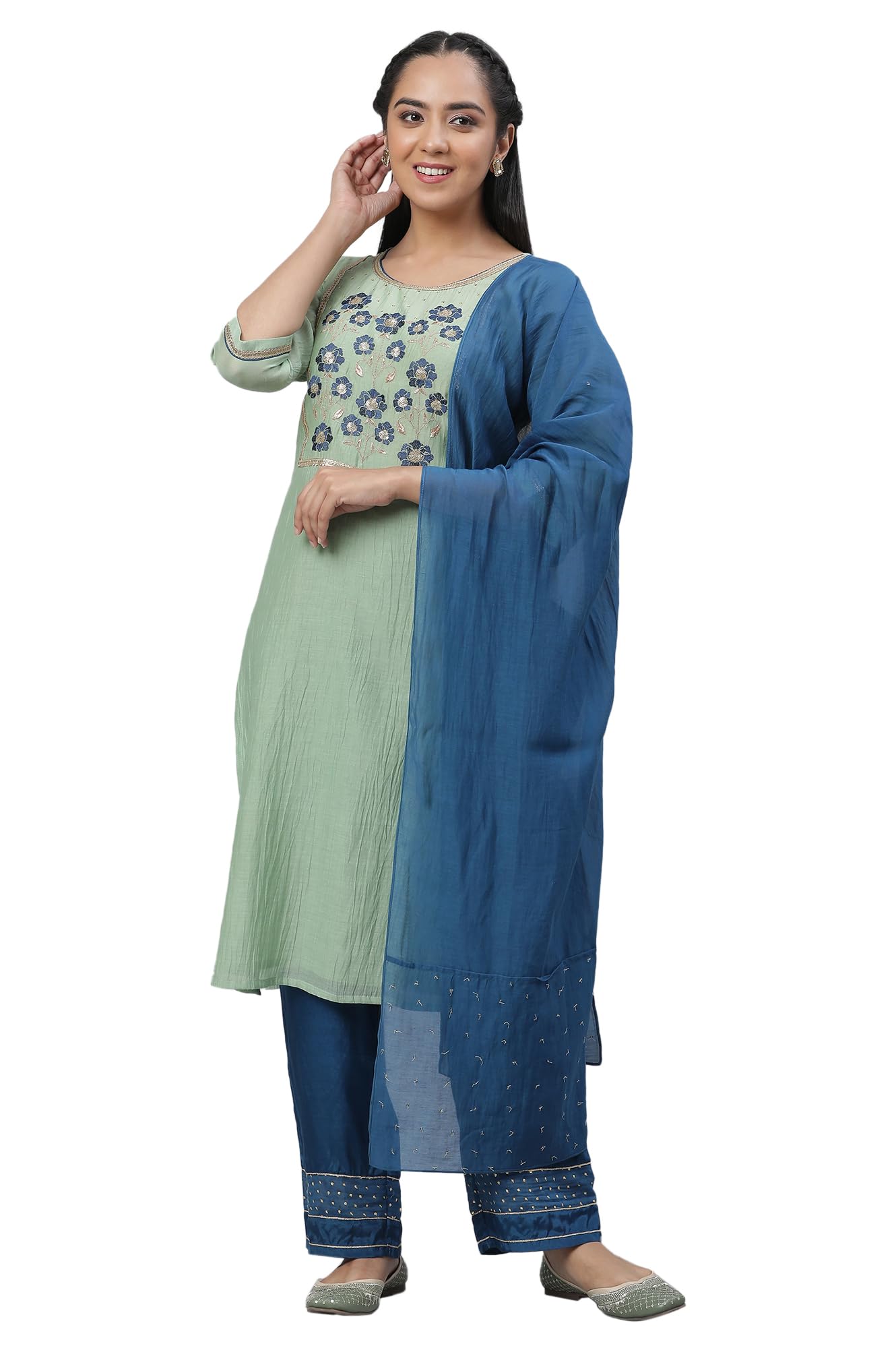 Aurelia Green Embroidered Blend Kurta Dupatta Bottomwear Set