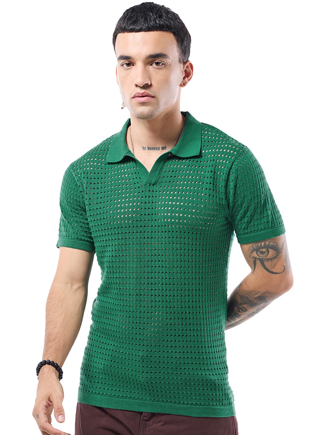 Bewakoof MenS Textured Regular Fit Half Sleeve Polo Neck Pure Cotton T-Shirt_633530_Green_M