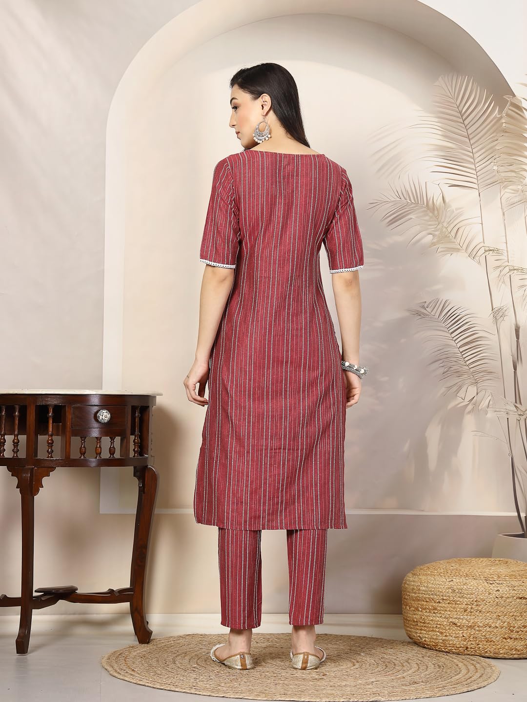 Stylum Womens Self Woven Striped Cotton Blend Straight Kurta Pant Set
