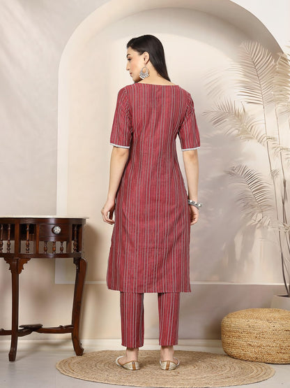 Stylum Womens Self Woven Striped Cotton Blend Straight Kurta Pant Set