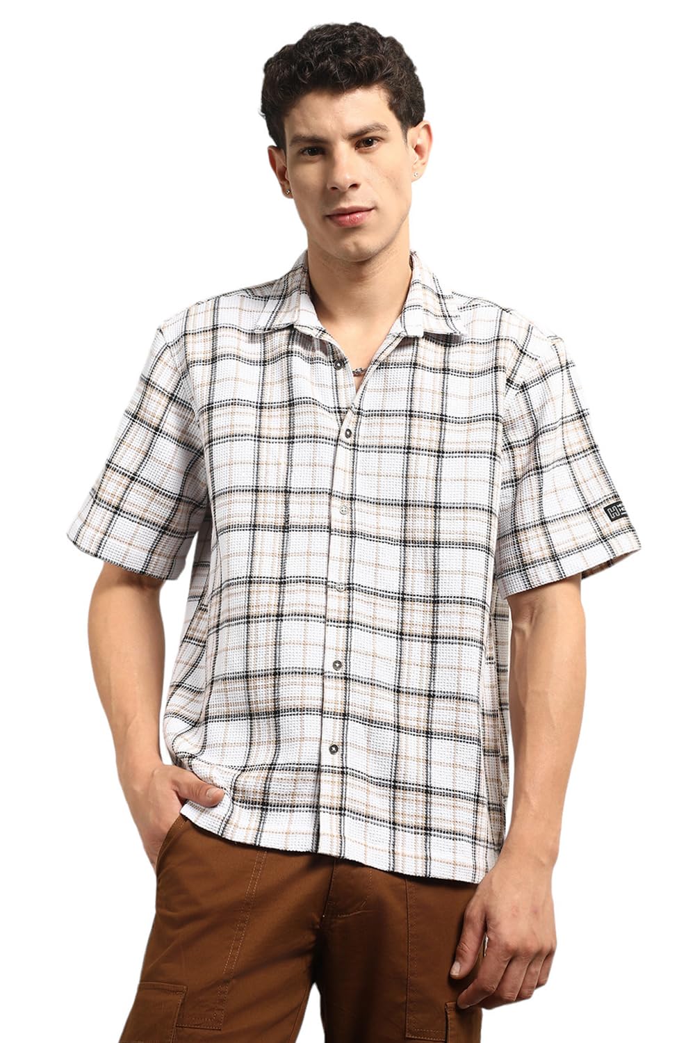 Hubberholme Men Summer Cotton Spread Collar Short Sleeves Oversized Casual Shirt 34