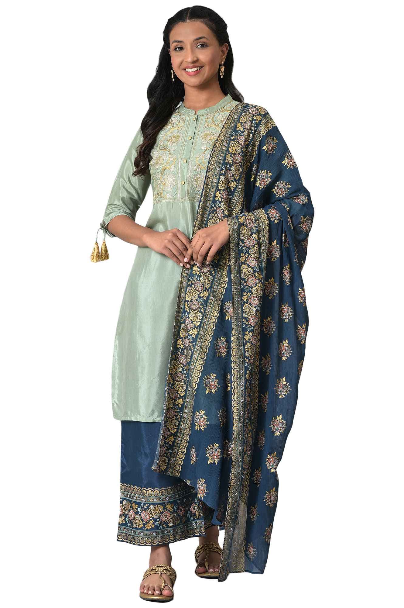 Green Zari Embroidered Festive Kurta Set