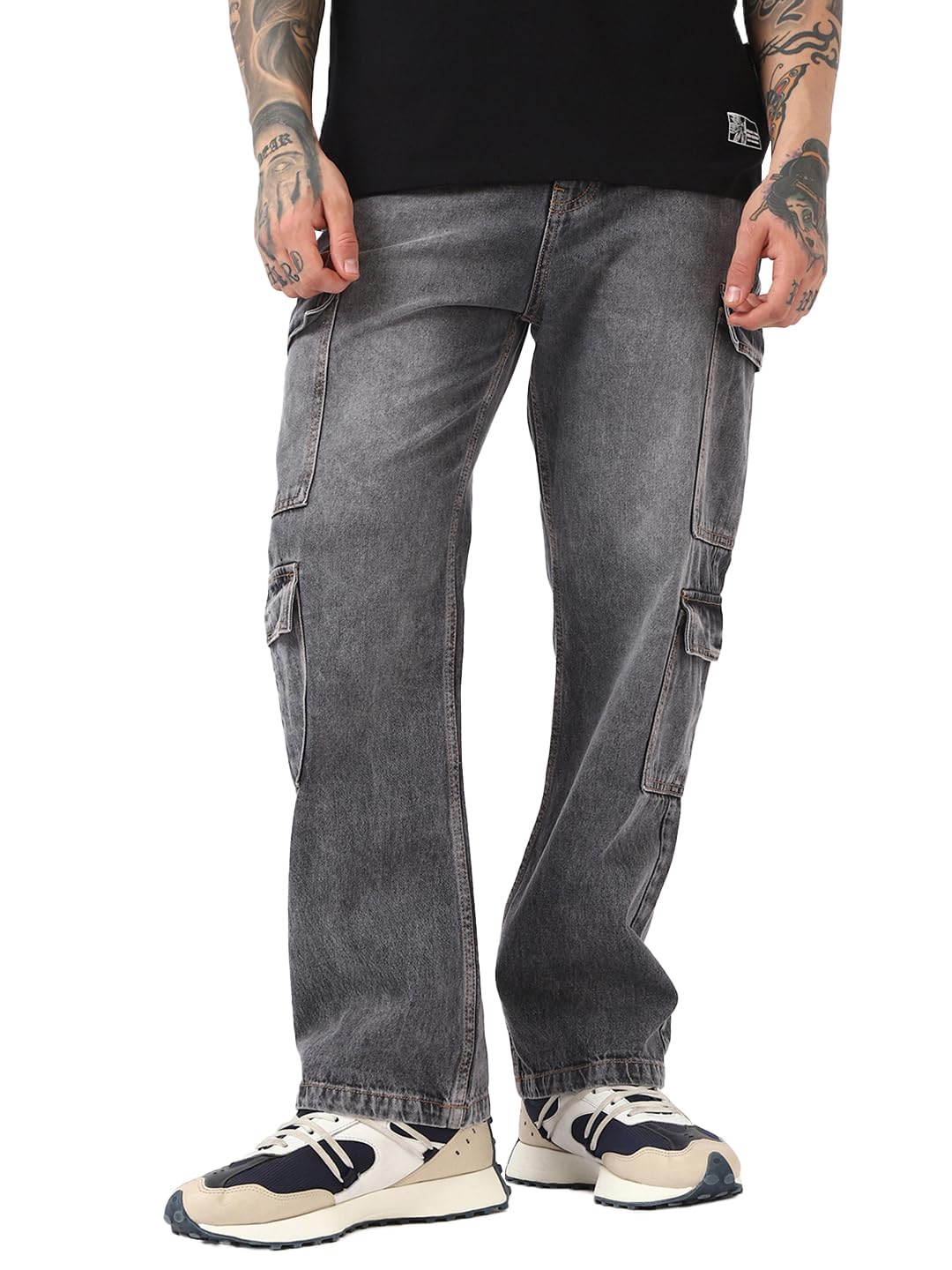Bewakoof Mens Washed Straight Fit Cotton Cargo Jeans_654890_Grey_30