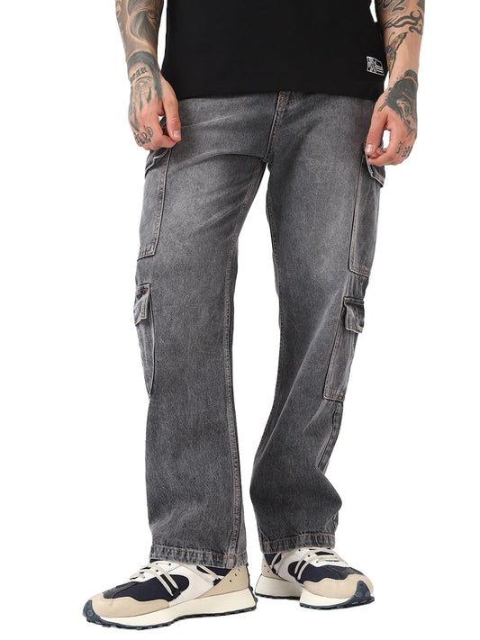 Bewakoof Mens Washed Straight Fit Cotton Cargo Jeans_654890_Grey_30